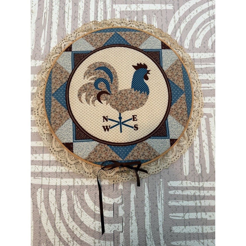 Vintage Handmade Embroidery Hoop Wall Art Rooster Compass Farmhouse Country Chic